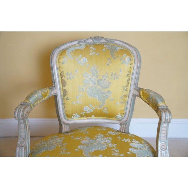 19th C. Louis XVI Style Silk Upholstered Painted Fauteuils - Set of 2 For Sale - Image 11 of 15