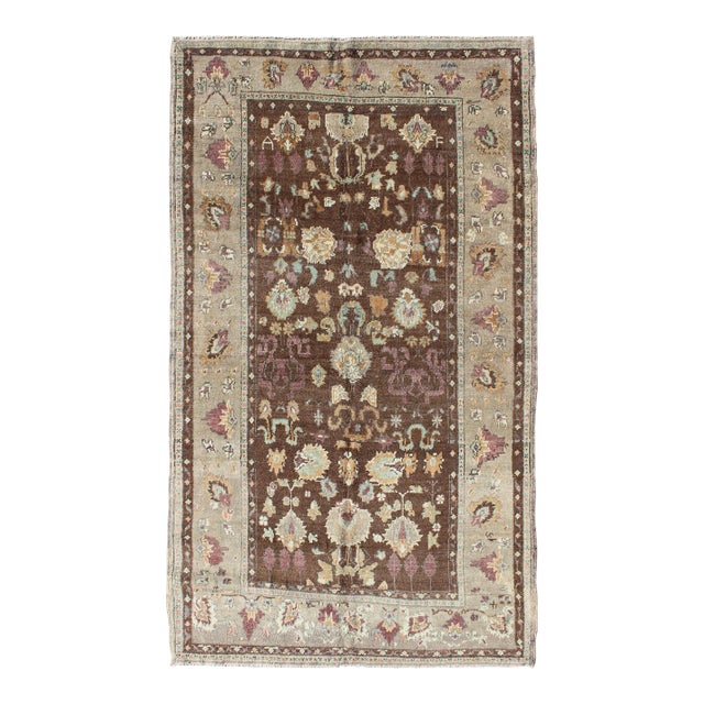 Mid 20th Century Vintage Turkish Oushak Rug in Brown Background With All-Over Floral Design For Sale