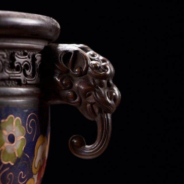 Vintage Cloisonné Enamel Censer With Beast Handles and Lotus Motif For Sale - Image 4 of 9