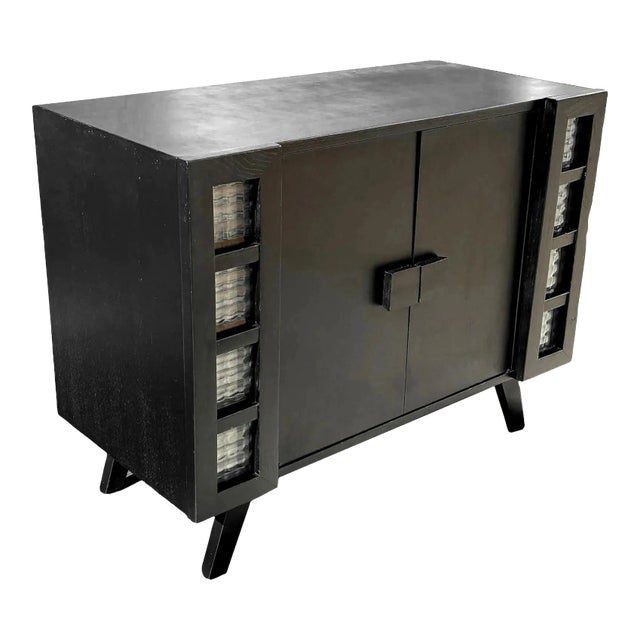 Mid Century James Mont Styled Black Lacquered & Glass Bar Cabinet & Tv Stand For Sale