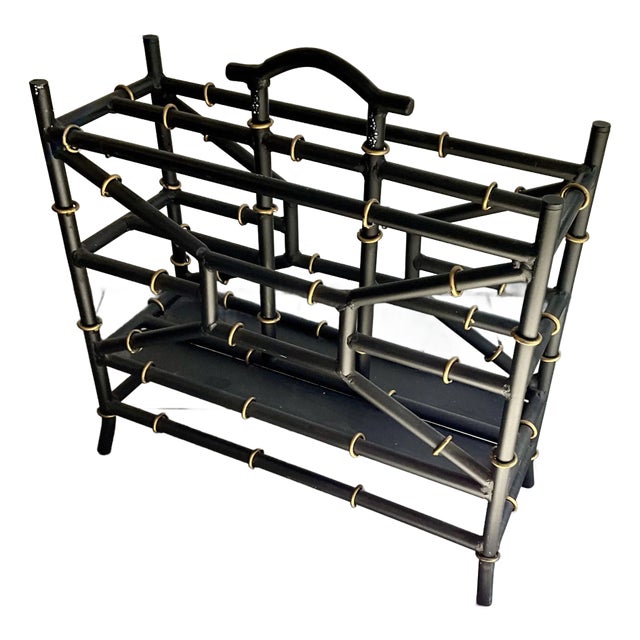 Chinoiserie Painted Black & Gold Steel Faux Bamboo Magazine Rack For Sale