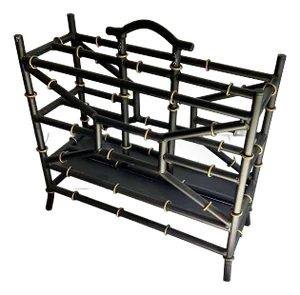 Chinoiserie Painted Black & Gold Steel Faux Bamboo Magazine Rack