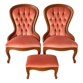 19th Century Louis-Philippe Style Armchairs and Pouf in Pink Velvet, Set of 3 For Sale
