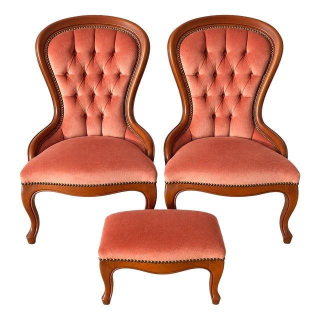 19th Century Louis-Philippe Style Armchairs and Pouf in Pink Velvet, Set of 3 For Sale