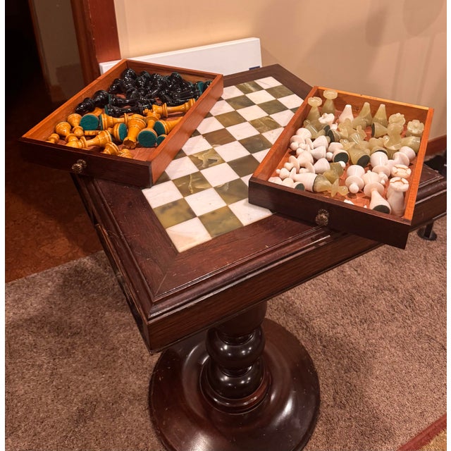 Vintage Argentine Marble & Wood Chess Game Table With Storage Drawers and Original Marble Pieces For Sale - Image 4 of 12