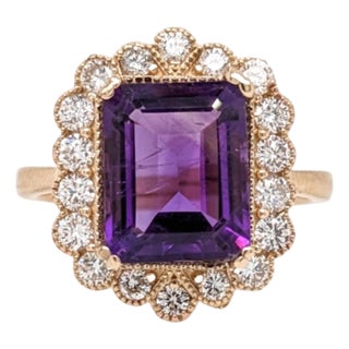 3.1Ct Amethyst Ring With Diamond Accents: Solid 14k Gold, Emerald Cut 11x8mm, Size 6.75 For Sale