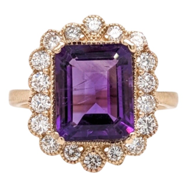 3.1Ct Amethyst Ring With Diamond Accents: Solid 14k Gold, Emerald Cut 11x8mm, Size 6.75 For Sale