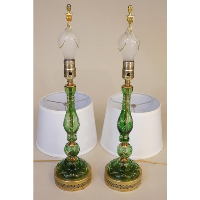1940s Classic Bohemian Green "Cut Through" Deco Art Glass Brass Boudoir Candlestick Table Lamps - a Pair For Sale - Image 16 of 16