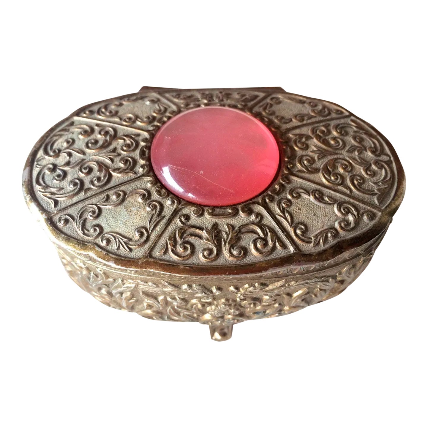 1940s Vintage Silver Embossed Jewelry Box/Trinket Box