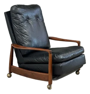 1950s Milo Baughman Walnut Black Recliner Lounge Chair