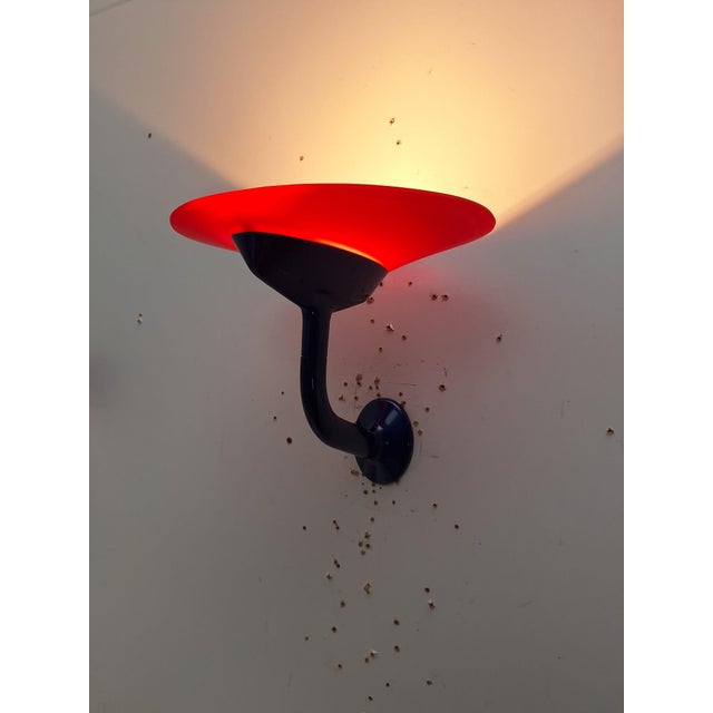 Postmodern Wall Lamps in Red and Yellow Satin Glass with Black Lacquered Metal Structure, Italy, 1980, Set of 2, in...