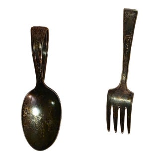 19th Century Oneida Community Bird of Paradise Silver Plate Curved Baby Spoon & Fork For Sale