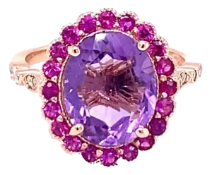 3.79 Ct Amethyst, Pink Sapphire, Diamond Rose Gold Engagement Ring, Size 7