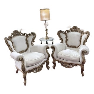 Late 20th Century Pair of Ornate Rococo Revival Gilt Carved Armchairs Down Filled For Sale