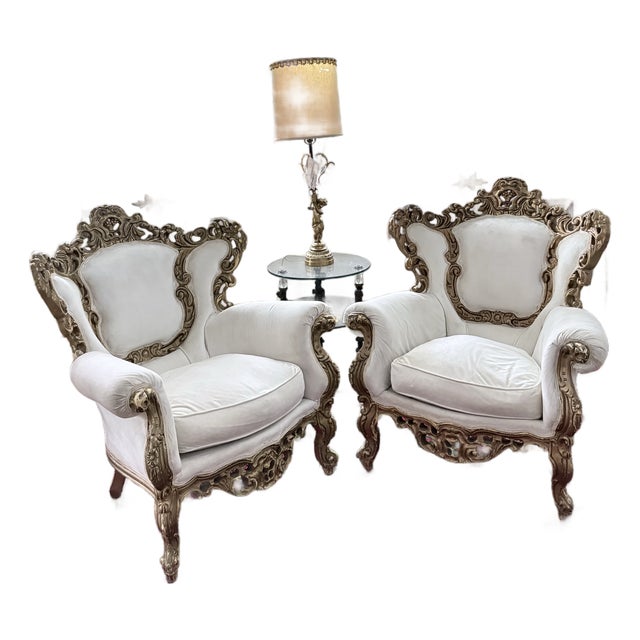 Late 20th Century Pair of Ornate Rococo Revival Gilt Carved Armchairs Down Filled For Sale