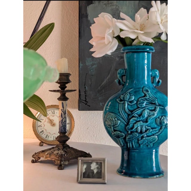 Ceramic Fine Vintage Pair of Chinese Turquoise Glazed Vases, 8.5” High Each, From Christie’s Auction House For Sale - Image 7 of 10