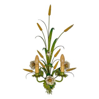 Painted Tole Flower and Wheat Wall Lamp, 1960s For Sale