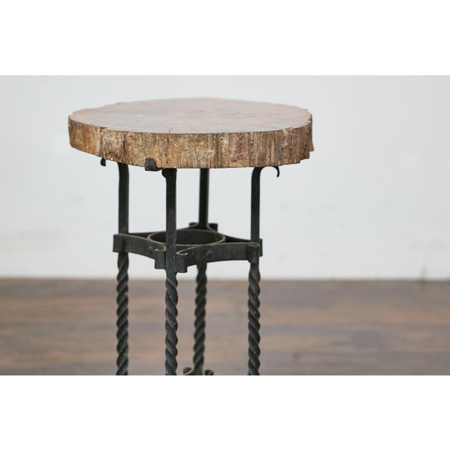 Brown Early 20th Century Turn of the Century French Side Table - Petrified Wood Top and Wrought Iron Base For Sale - Image 8 of 12