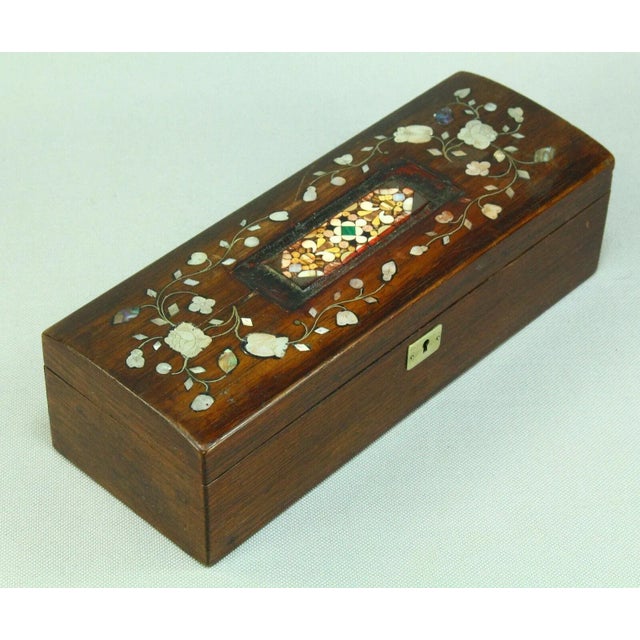 Art Nouveau 19th Cent. Rose Wood Mother-Of-Pearl Inlay & Micro-Mosaic Locking Box For Sale - Image 3 of 13