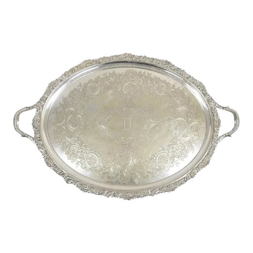 Antique English Victorian Silver Plated Oval Serving Platter Tray
