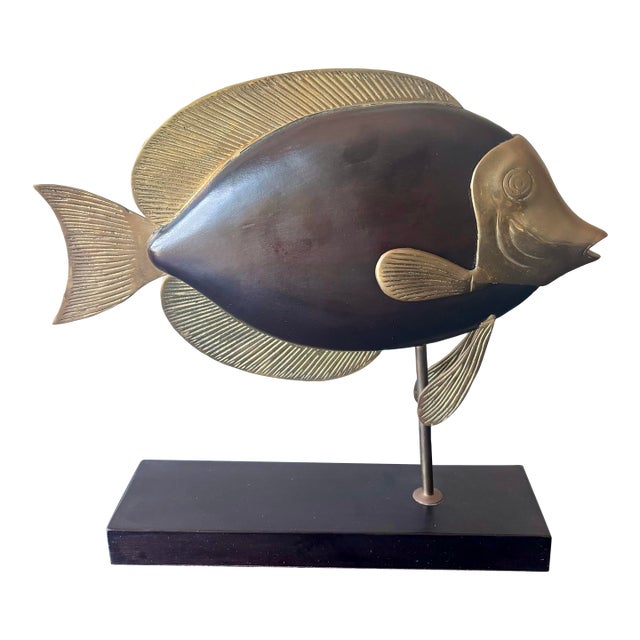 1970s Mid-Century Modern Wood and Brass Tropical Fish Sculpture For Sale