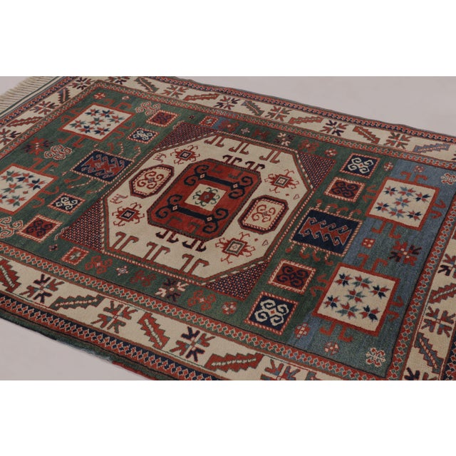 Rug & Kilim’s Kazak-Inspired Rug, Tribal Geometric Patterns in Green & Red For Sale - Image 9 of 10