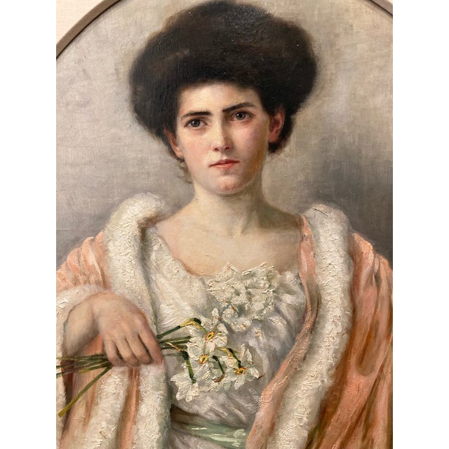 1900s Oil Painting Portrait of a Lady With a Daffodil on Canvas Signed C. Noebel For Sale - Image 4 of 5