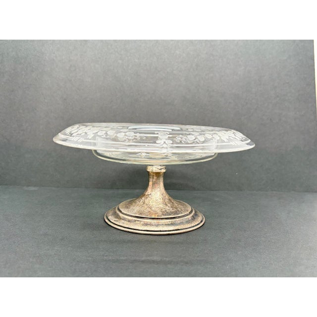 Traditional Vintage Hawkes Floral Etched Crystal Sterling Silver Compote For Sale - Image 3 of 7