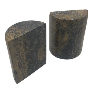 1970s Vintage Modern Semicircle Fossilized Marble Bookends- a Pair For Sale