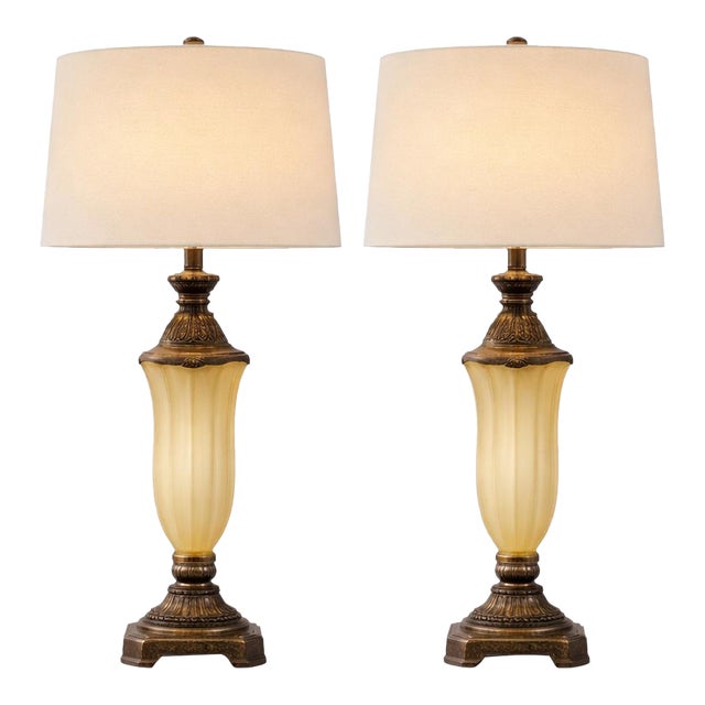 Late 20th Century Neoclassical Revival Fluted Glass Table Lamps With Bronze Bases, 30” - a Pair For Sale