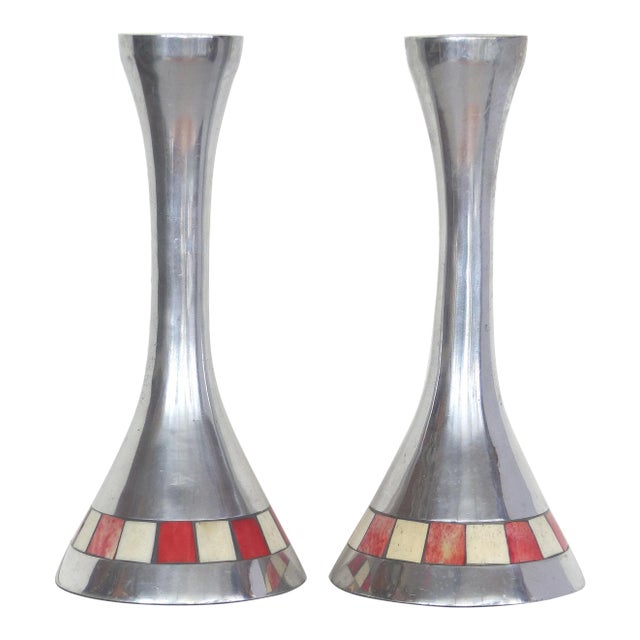 Tessellated Bone & Metal Candlesticks - A Pair For Sale
