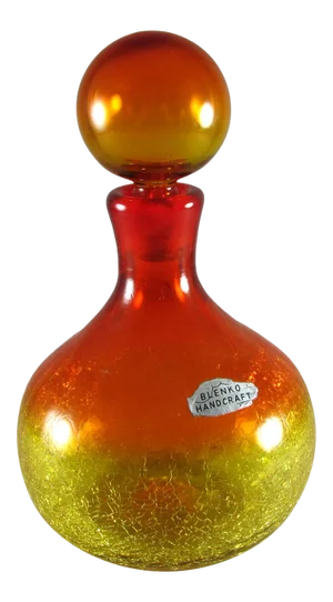 1960s Wayne Husted for Blenko Tangerine Amberina Citrine Ruby Crackle Art Glass Ball Decanter #636s