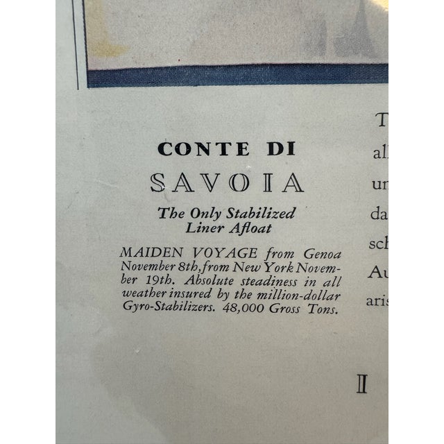 Original period advertising 1932 featuring the legendary ocean liners Rex and Conte di Savoia, dramatically depicted...