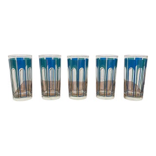 Vintage Mid-Century Modern Blue Geometric Highball Glasses - Set of 5 For Sale
