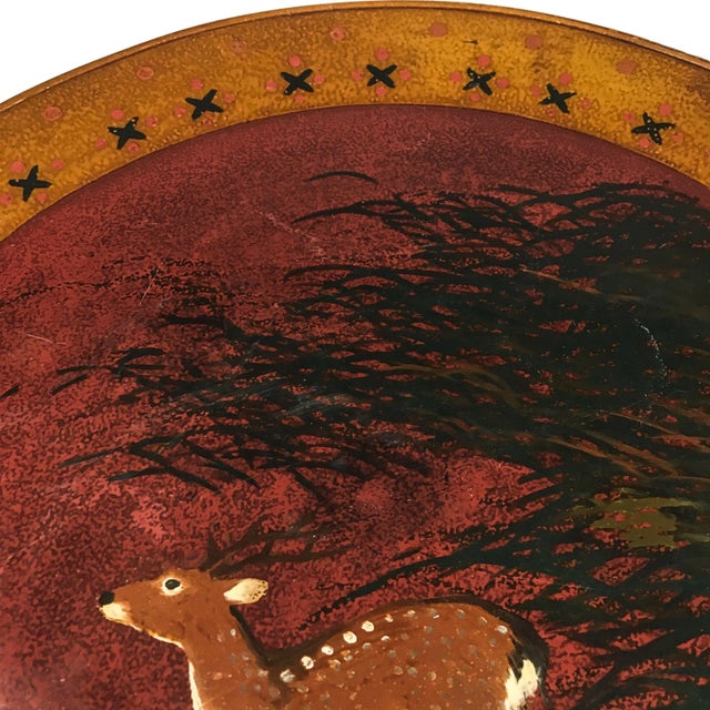 Hand Turned Large Round Vintage Solid Wood Deer Painted Tray For Sale - Image 10 of 13