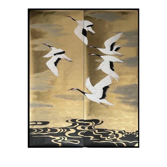Gold Leaf Hand‑Painted Flying Crane Chinoiserie Wall Panels For Sale - Image 4 of 4