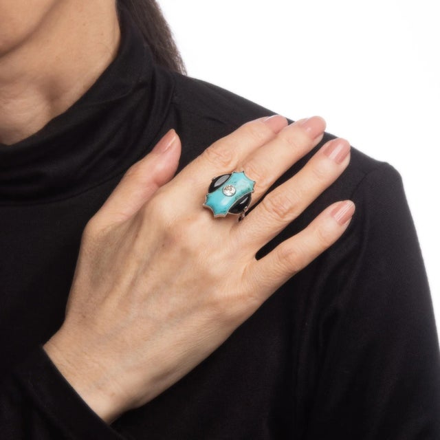 Early 20th Century Vintage Art Deco Ring Diamond Turquoise Onyx Platinum Cocktail size 7.75 For Sale In Los Angeles - Image 6 of 6