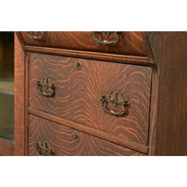 Early Baker Furniture Antique Victorian Carved Tiger Oak Side-by-Side Bookcase With Drop Front Secretary Desk, Circa 1900 For Sale - Image 12 of 17