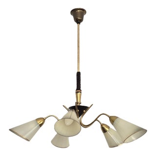 Mid-Century Modern 5-Arm Tulip Chandelier, 50s 60s Sputnik Design Brass Accents For Sale