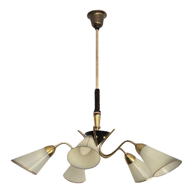 Mid-Century Modern 5-Arm Tulip Chandelier, 50s 60s Sputnik Design Brass Accents For Sale