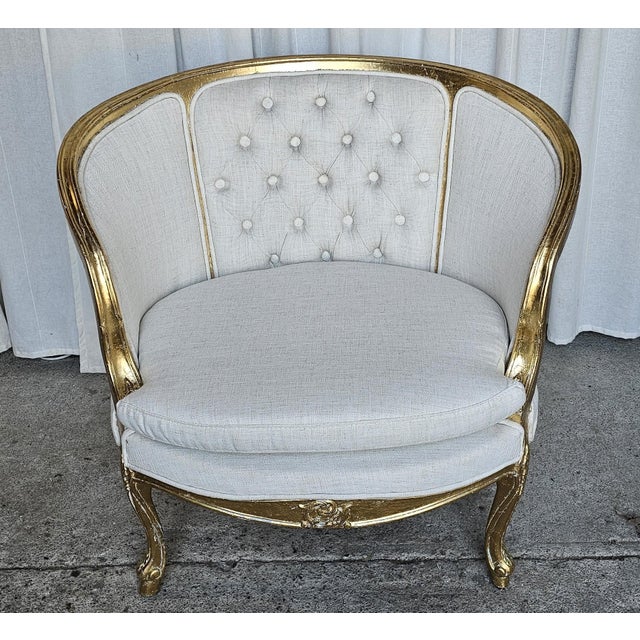 French Gilded Wood Louis XV Style, Fauteuil Marquise Pair of occasional Chairs, This rare and beautiful French Louis XV...