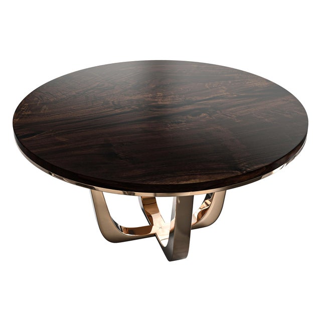 "Safari" Round Table With Bronze and Walnut Top, Handmade For Sale - Image 4 of 5