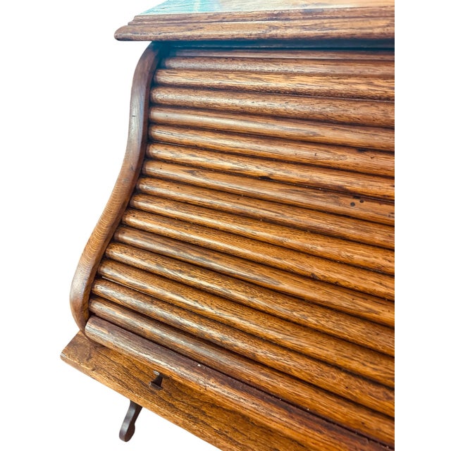 Antique Victorian Child’s Oak Roll Top Desk With Chair, Circa 1900 For Sale - Image 9 of 11