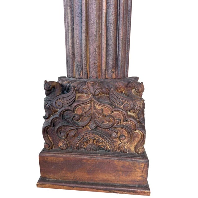1900 - 1909 Hand Carved Wood Pillars | Set of 2 Antique Teak Architectural Salvage From India | 94 Inch Large Wall Art for Entryway Statement Home Decor For Sale - Image 5 of 6