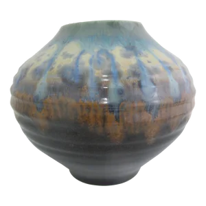 Crystalline Turquoise & Brown Signed Studio Pottery 7.5" Planter Vase