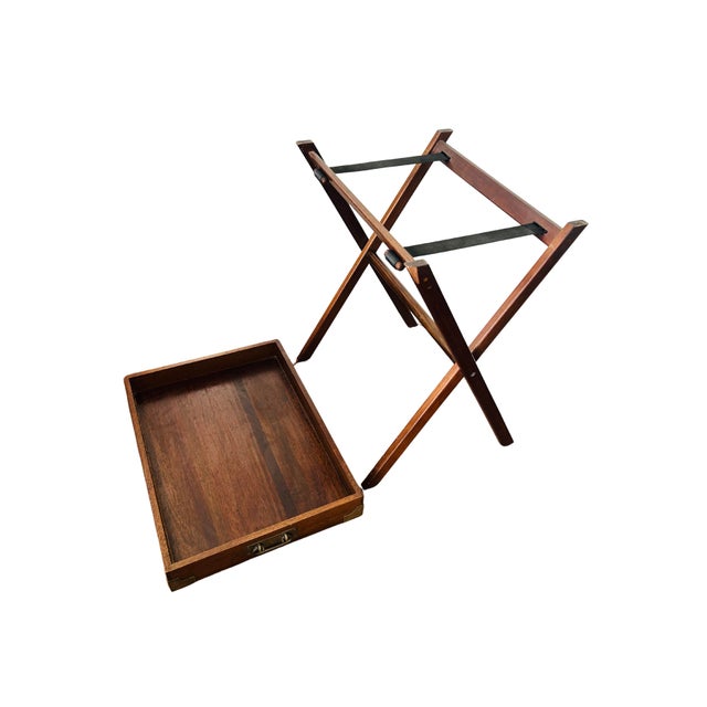 Brown Vintage Campaign-Style Butler’s Tray Table – Mahogany Folding X-Frame With Brass Hardware, Removable Serving Tray For Sale - Image 8 of 12