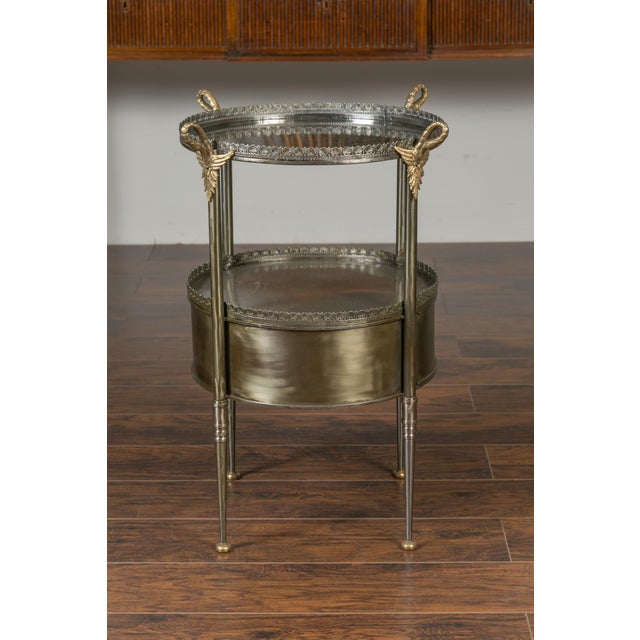 Bronze Vintage Italian Steel and Bronze Circular Side Table with Swan Necks and Doors For Sale - Image 8 of 12