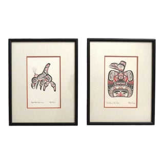 Pair of Bill Reid Haida Prints Signed & Framed 1970s Raven and Whale For Sale