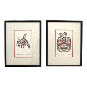 Pair of Bill Reid Haida Prints Signed & Framed 1970s Raven and Whale