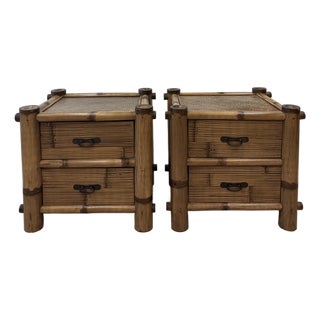 Pelican Reef Vintage Bamboo and Rattan Pair of Nighstands For Sale